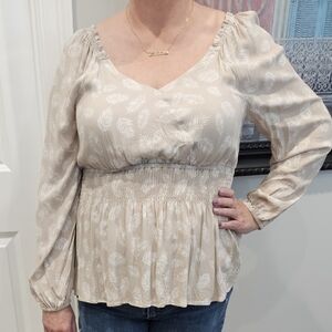 White Birch Beige Leaf Patterned Blouse